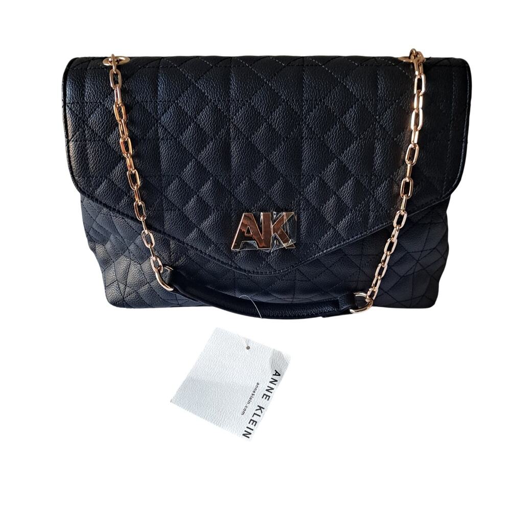 NWT Anne Klein AK Quilted Flap Chain Link Strap Shoulder Bag Black Faux Leather